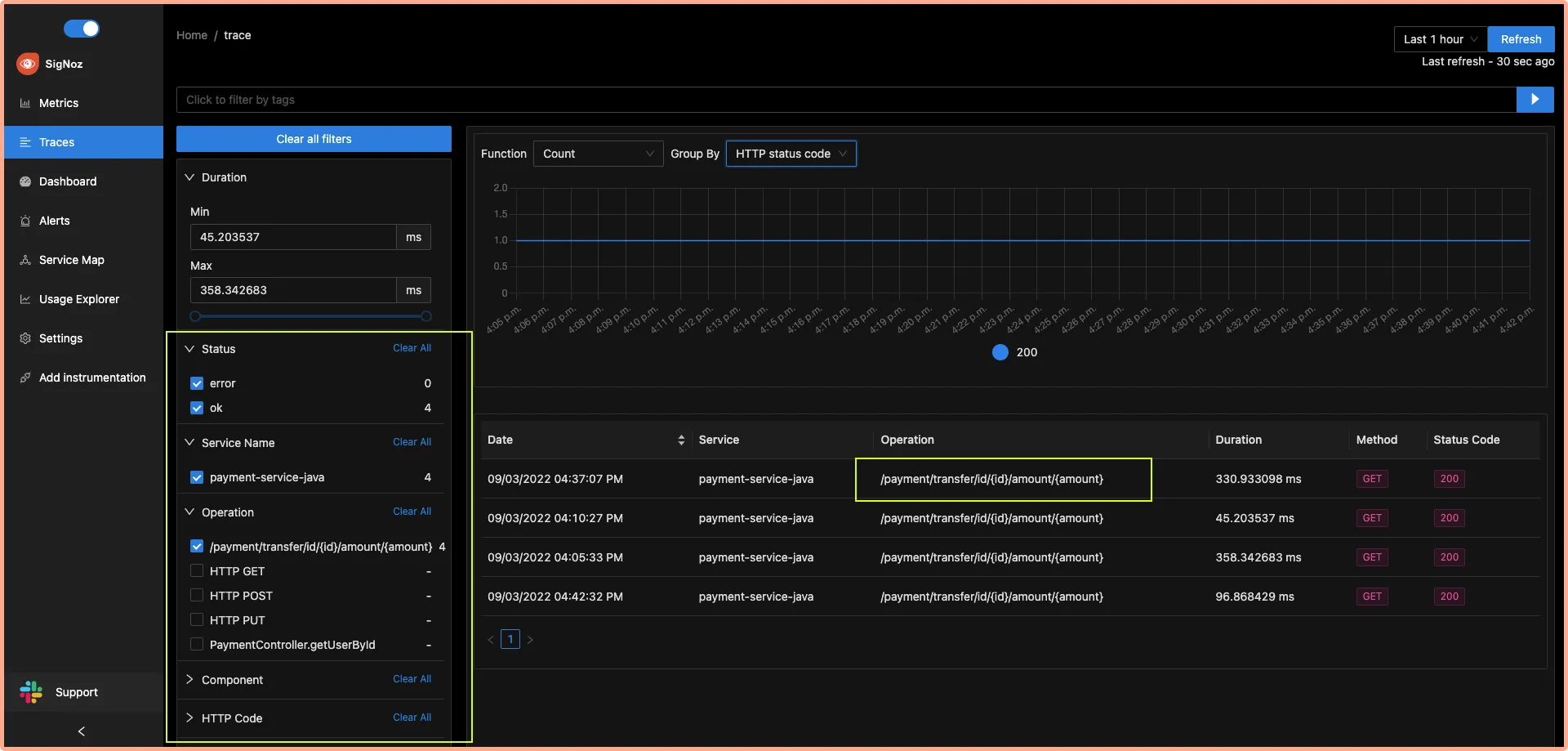 Use filters to inspect spans that you want to investigate further