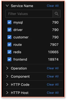 Search for field values under each filter category