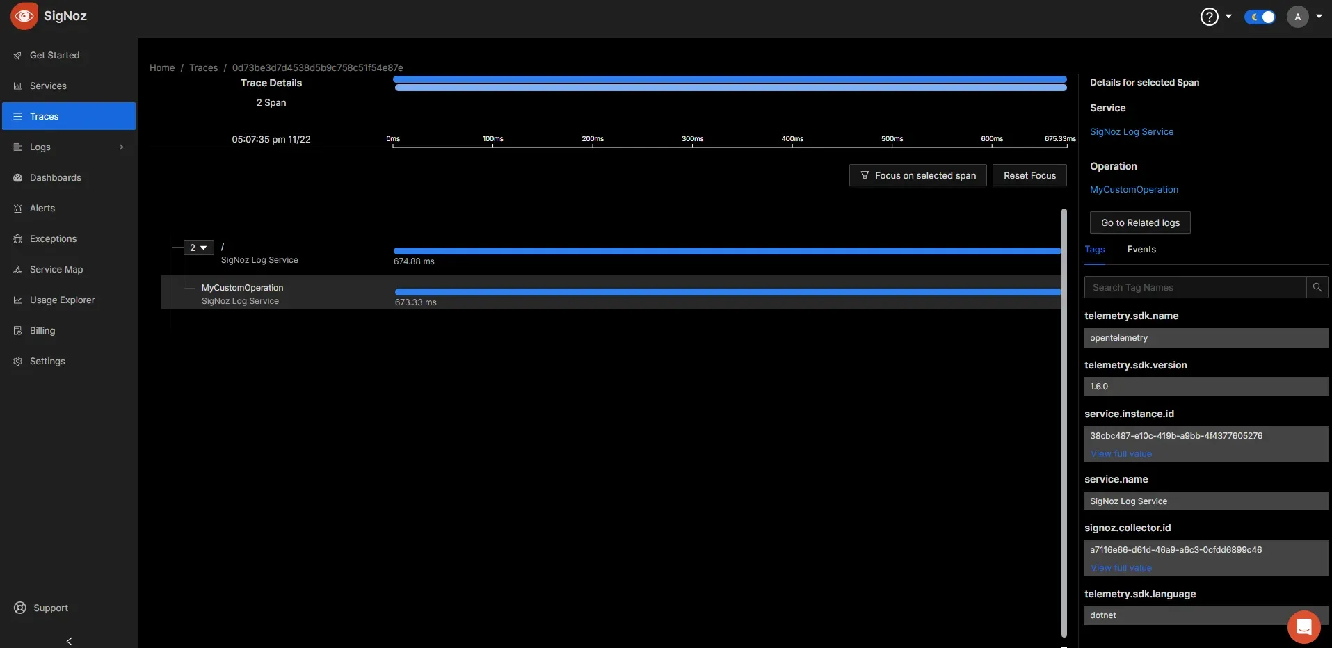 Trace of the request made that is linked with the logs