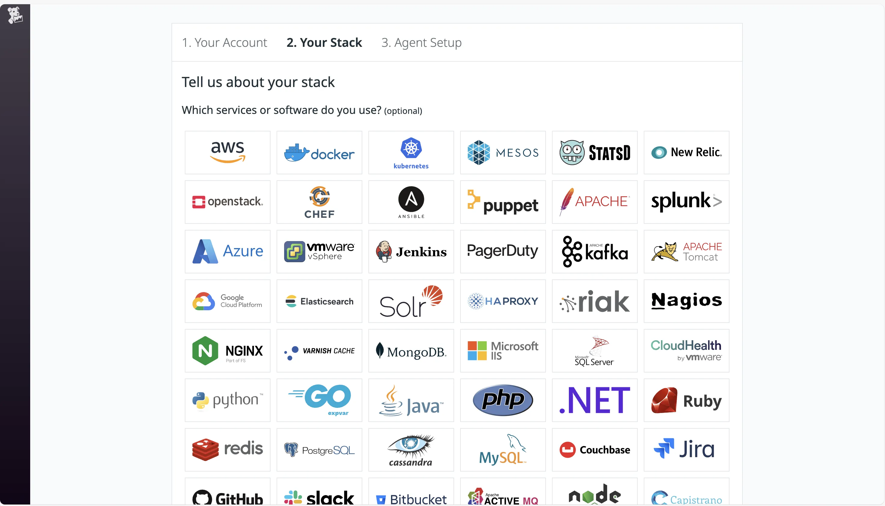 The Datadog signup page asked me about the stack I was going to monitor