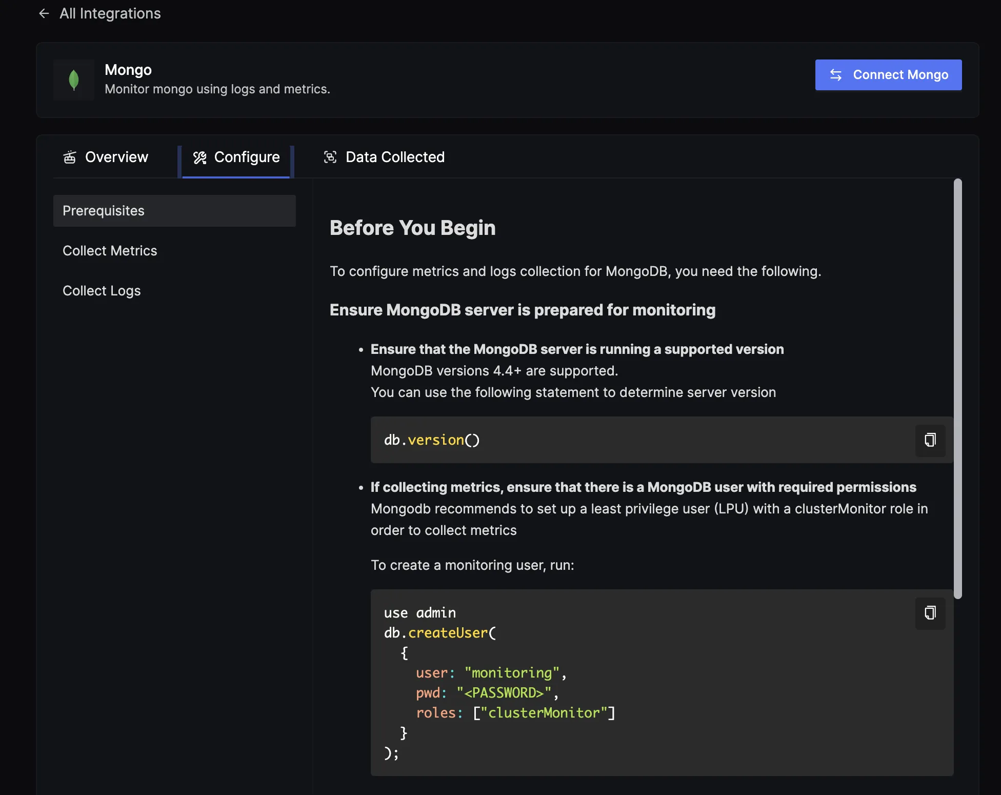 MongoDB integration in SigNoz lets you collect logs and metrics from your MongoDB instance