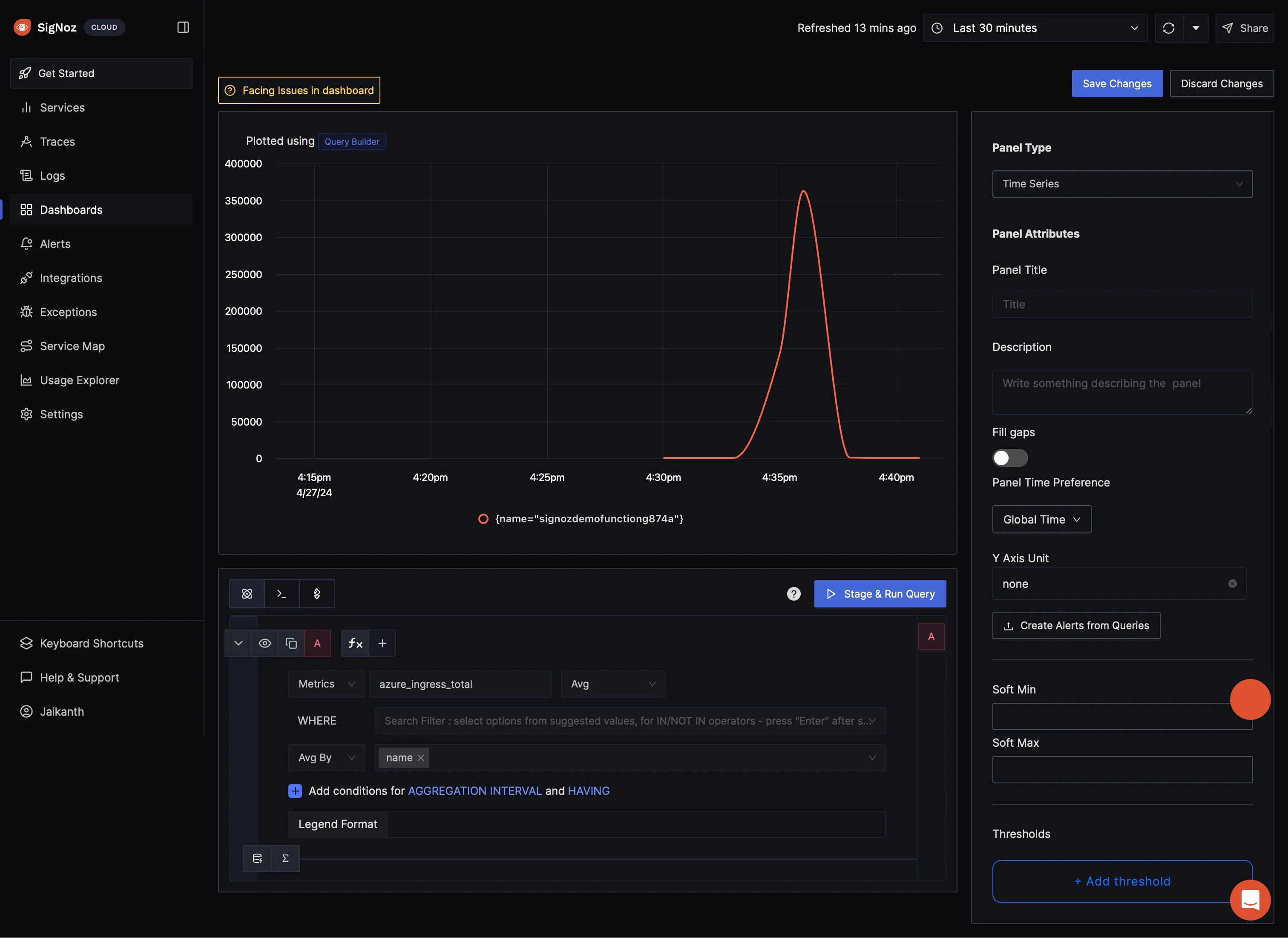 Time Series Panel for Blob Storage Total Ingress